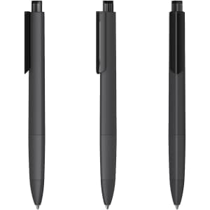 A set of black plastic pens with smooth finishes and clips, featuring a branding logo.