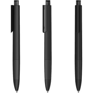 A set of three black plastic pens with a glossy finish and clip, featuring a logo on the barrel.