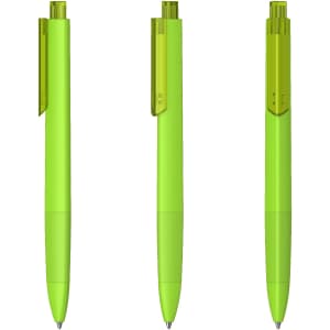 A set of three green plastic pens with transparent grips and clips, showcasing a sleek design.