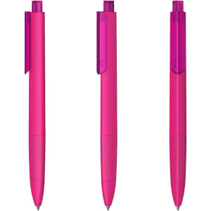 A set of three pink plastic pens with transparent caps. Each pen features a clip and has a logo.