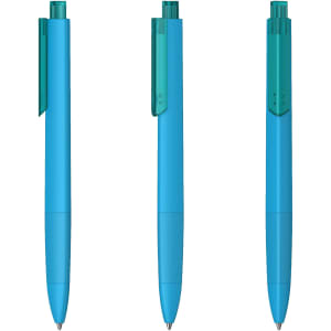 A blue plastic pen with a transparent green cap and clip, displayed from three angles. It features a branding logo.