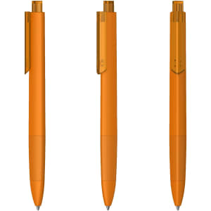 Three orange plastic pens with transparent accents, featuring a clip and a smooth barrel design.