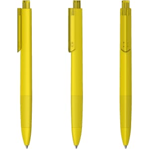 A yellow plastic pen displayed from three angles, featuring a transparent design and a clip.