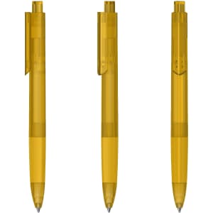 A set of three transparent yellow plastic pens with a clip and a rounded tip, featuring a branding logo.