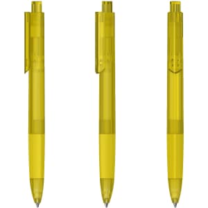 A set of three transparent yellow plastic pens with clip and retractable tips, featuring a logo.