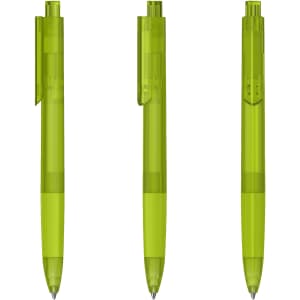 Three transparent green plastic pens with a click mechanism and clips for easy attachment.
