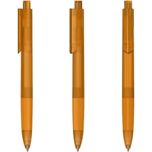 A plastic pen in transparent orange, featuring a clip and a smooth barrel, with a visible branding logo.