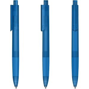 Three translucent blue plastic pens displayed from different angles, each featuring a clip and a rounded tip.