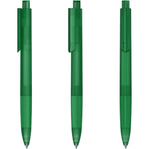 A set of three transparent green plastic pens with clip attachments and a smooth nib. Each pen has a branding logo.