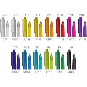 A selection of plastic pens in various colours, including transparent and bright shades, featuring different designs.