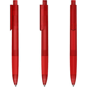 A set of three transparent red plastic pens, each with a clip and a rounded tip. The pens have a logo on the barrel.