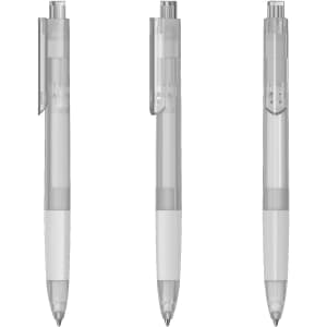 A transparent plastic pen in three orientations, featuring a clear barrel and white grip. It includes a branding logo.