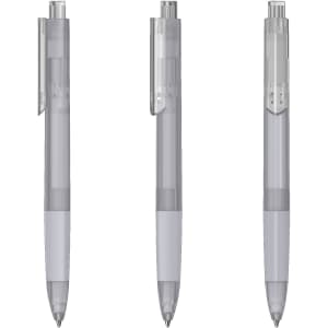 A transparent plastic pen in grey, featuring a clip and a smooth cylindrical body. The pen has a branding logo.