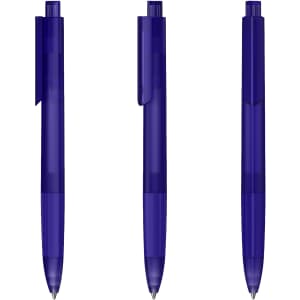 A set of three transparent blue plastic pens with clips and a slight grip feature. Each pen has a distinct position.