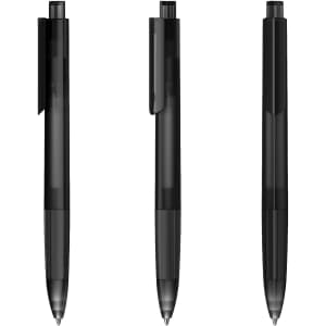 A collection of three transparent black plastic pens, featuring clips and a sleek design, with branding present.