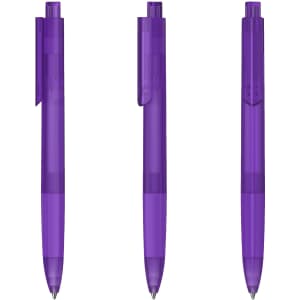 A set of three transparent purple plastic pens, featuring a clip and a sleek design.