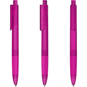 A set of three transparent pink plastic pens with a clip and a smooth barrel design.