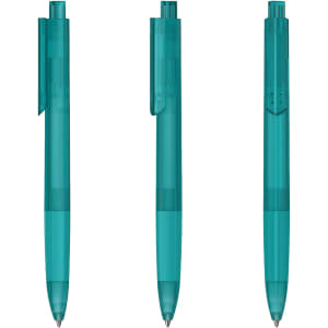 A set of three transparent turquoise pens with a clip, showcasing a sleek design. Each pen is positioned differently.