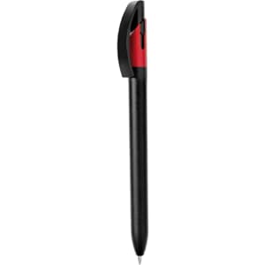 A black and red plastic pen with a sleek design and a clip on top. It features a logo on the barrel.