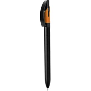 A plastic pen in black with an orange accent, featuring a logo on the clip.