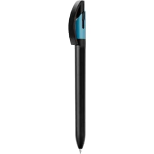 A black pen with a blue accent and a cap, featuring a logo on its side.
