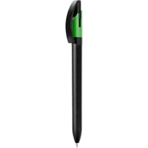 A black plastic pen with a green accent and a clip at the top, featuring a logo.