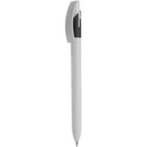 A plastic pen in white with a black grip and a logo on the barrel.
