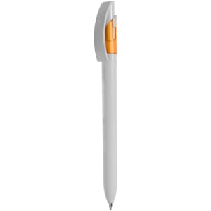 A plastic pen in white with an orange accent and a clip. It features a logo on the body.