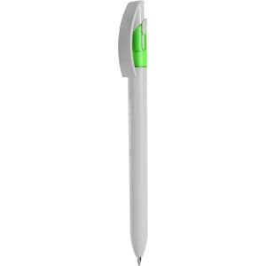 A plastic pen featuring a white body and green accents, along with a logo on the side.