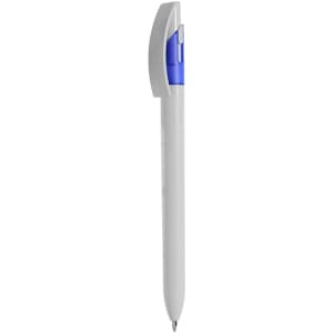 A plastic pen in white with a blue clip and button, featuring a logo on the side.