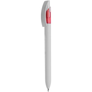 A plastic pen in white with a red clip and button, featuring a branding logo.