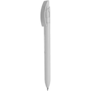 A plastic pen in a sleek white design with a contoured grip and a click mechanism. Features a logo.