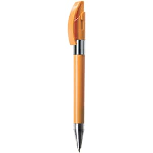 An orange metal pen with a shiny chrome clip and tip, featuring a logo on its body.