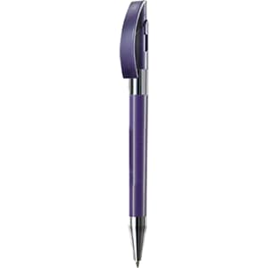 A purple metal pen with a chrome clip and detailing, featuring a branding logo.