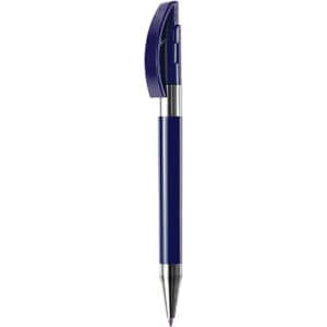 A metal pen in a deep blue colour with a shiny silver tip and clip, featuring a branding logo.