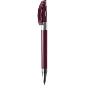 A burgundy metal pen with a sleek design and a silver clip. It features a branding logo on the barrel.