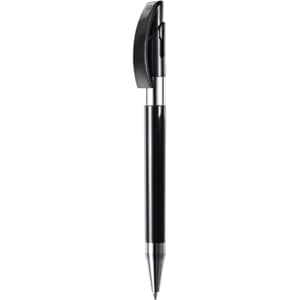 A metal pen with a sleek black finish and chrome accents, featuring a logo on its body.