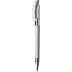 A white metal pen with a chrome clip and tip, featuring a smooth, sleek design and a logo on the body.
