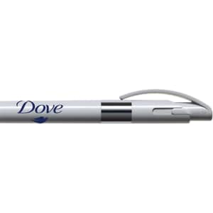 A metal pen in silver with a grey clip and a branding logo. The pen has a sleek, modern design.