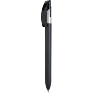 A black plastic pen with a silver clip and a smooth surface, featuring a logo on the barrel.
