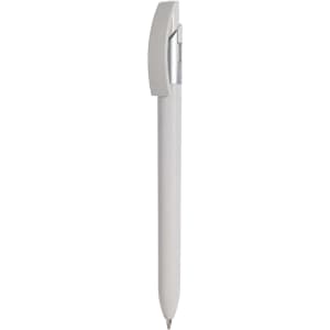 A plastic pen in white with a silver clip, featuring a simple and sleek design. It has a logo on the body.