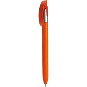 An orange plastic pen with a curved red clip and a silver accent. The pen has a smooth, sleek design.