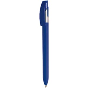A blue plastic pen with a silver clip and a smooth barrel. Includes a logo on the side.