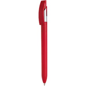A red plastic pen with a sleek design and a clip, featuring a branding logo.