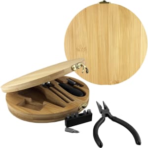 A bamboo toolkit in a circular case containing various tools including pliers and screwdriver bits, featuring a logo.