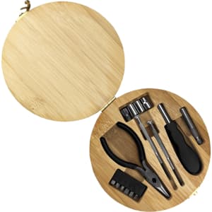 A bamboo toolkit with various tools, including pliers, screwdrivers, and bit attachments, all housed in a circular case.