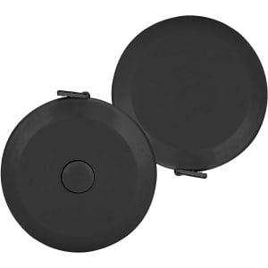 A compact black tape measure featuring a circular design with a button and a clip attachment.