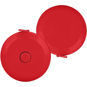 A compact red tape measure with a circular design, featuring a logo on one side. It includes a clip for attachment.