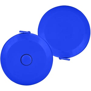 A blue compact tape measure with a circular design and a clip. It features a logo on its surface.