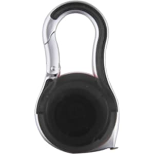 A carabiner-style tape measure featuring a black casing and a silver clip for easy attachment.